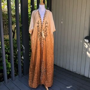Vintage Caftan Kimono African Loungewear Floral Embroider Tassel Tan Cream OSFM
